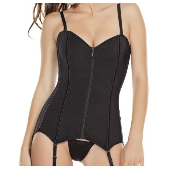 NWT Coquette Black Corset Top With Front Zip & Lace-Up Back Size M - Picture 1 of 10